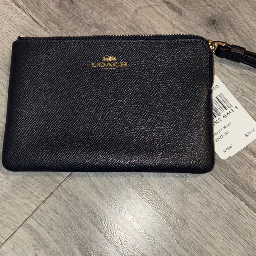Coach Navy Black Leather Zip Wristlet with Gold Logo